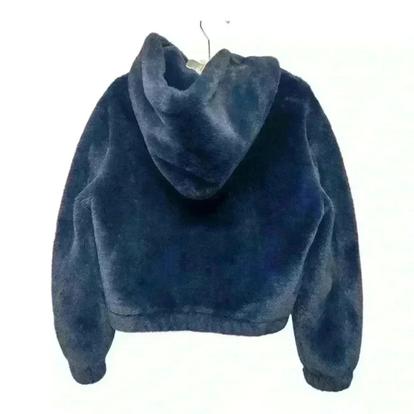 Avec Les Filles Navy Faux Fur Zip-Up Bomber Jacket with Hood, Size XS - Picture 4 of 7